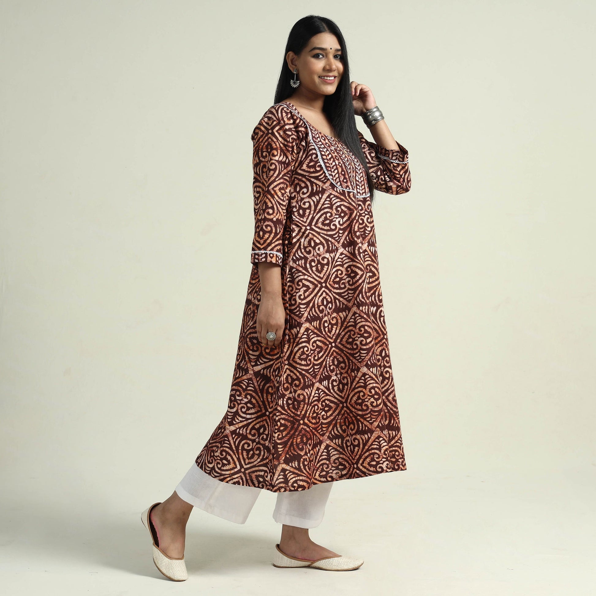 Brown - Hand Batik Printed Cotton Kurta with Palazzo Set
