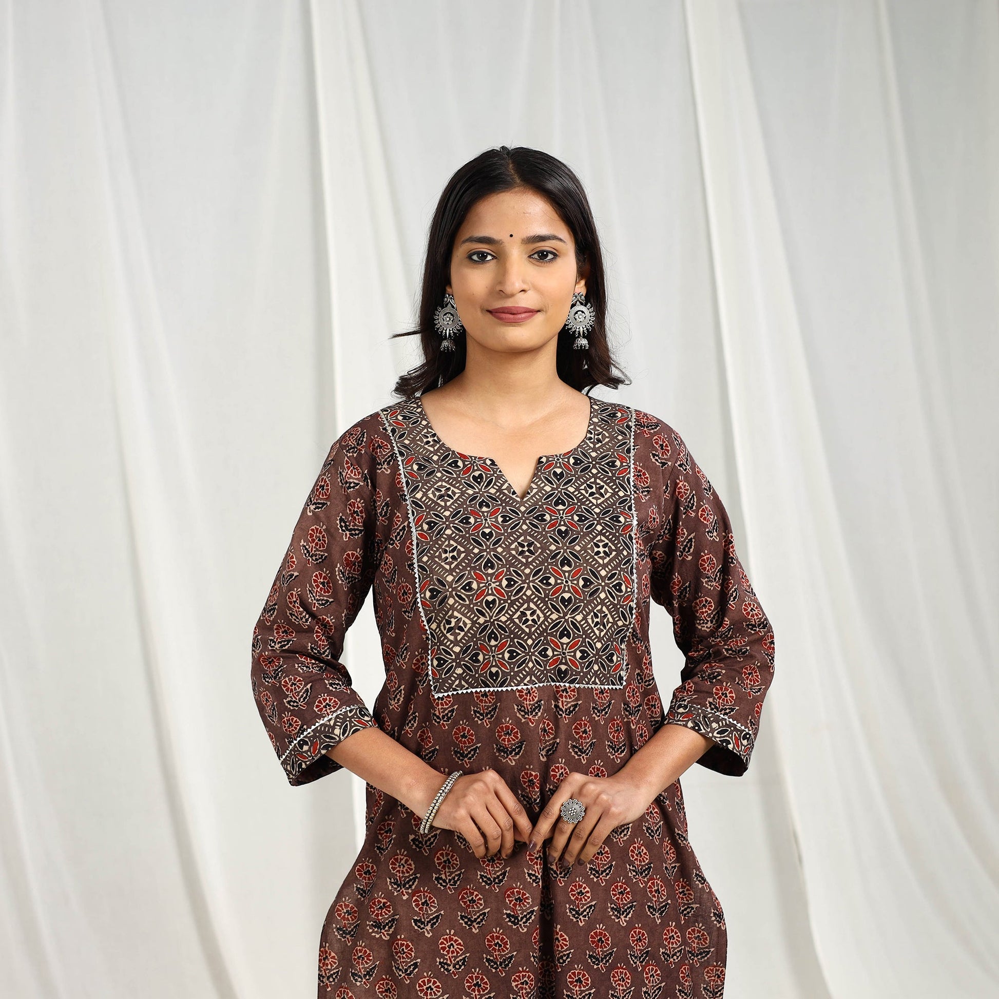 Brown -  Block Printed Cotton Straight Ajrakh Kurta 01