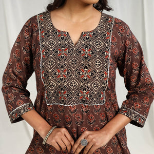 Brown -  Block Printed Cotton Straight Ajrakh Kurta 01