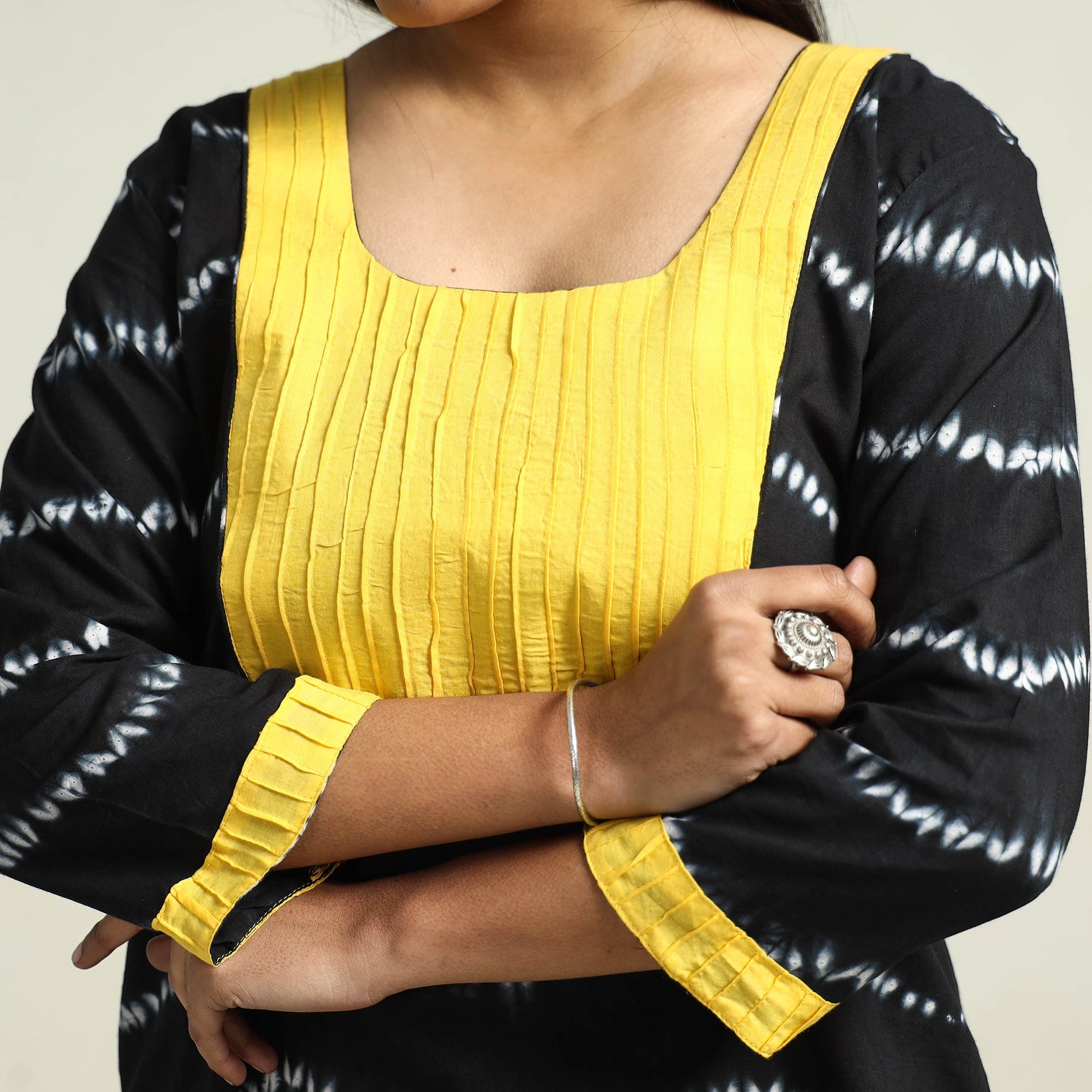 Black - Shibori Tye-Dye Mul Cotton Kurta with Palazzo & Dupatta Set