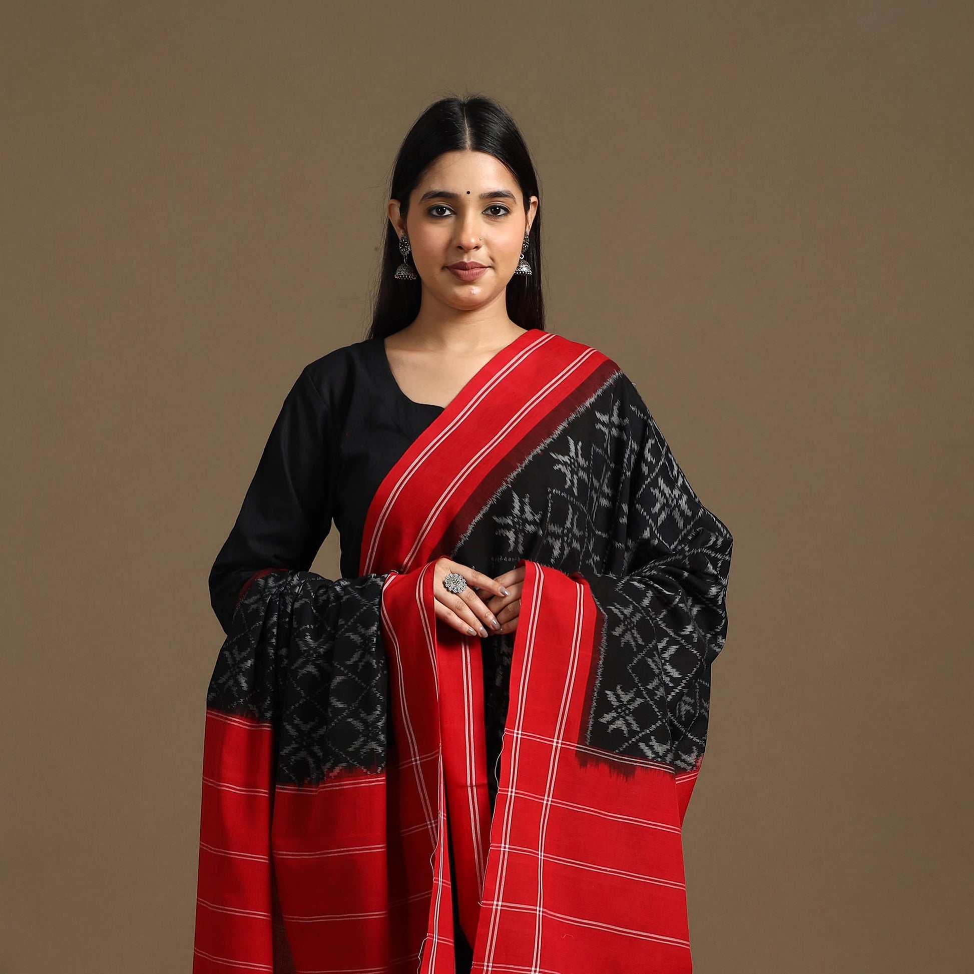 Black - Handloom Cotton Pochampally Ikat Dupatta 14