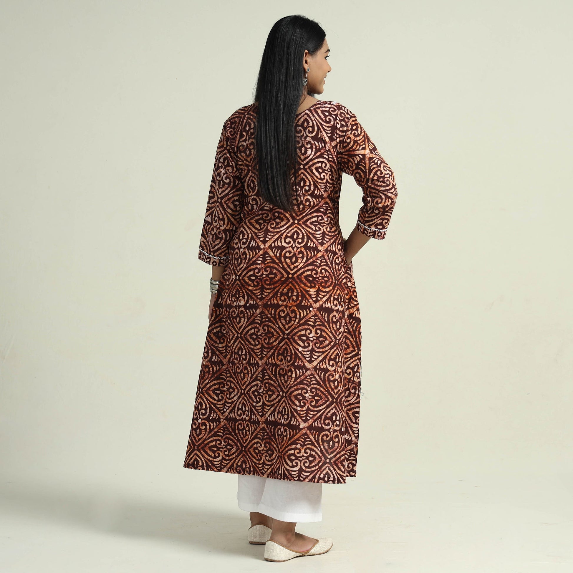 Brown - Hand Batik Printed Cotton Kurta with Palazzo Set