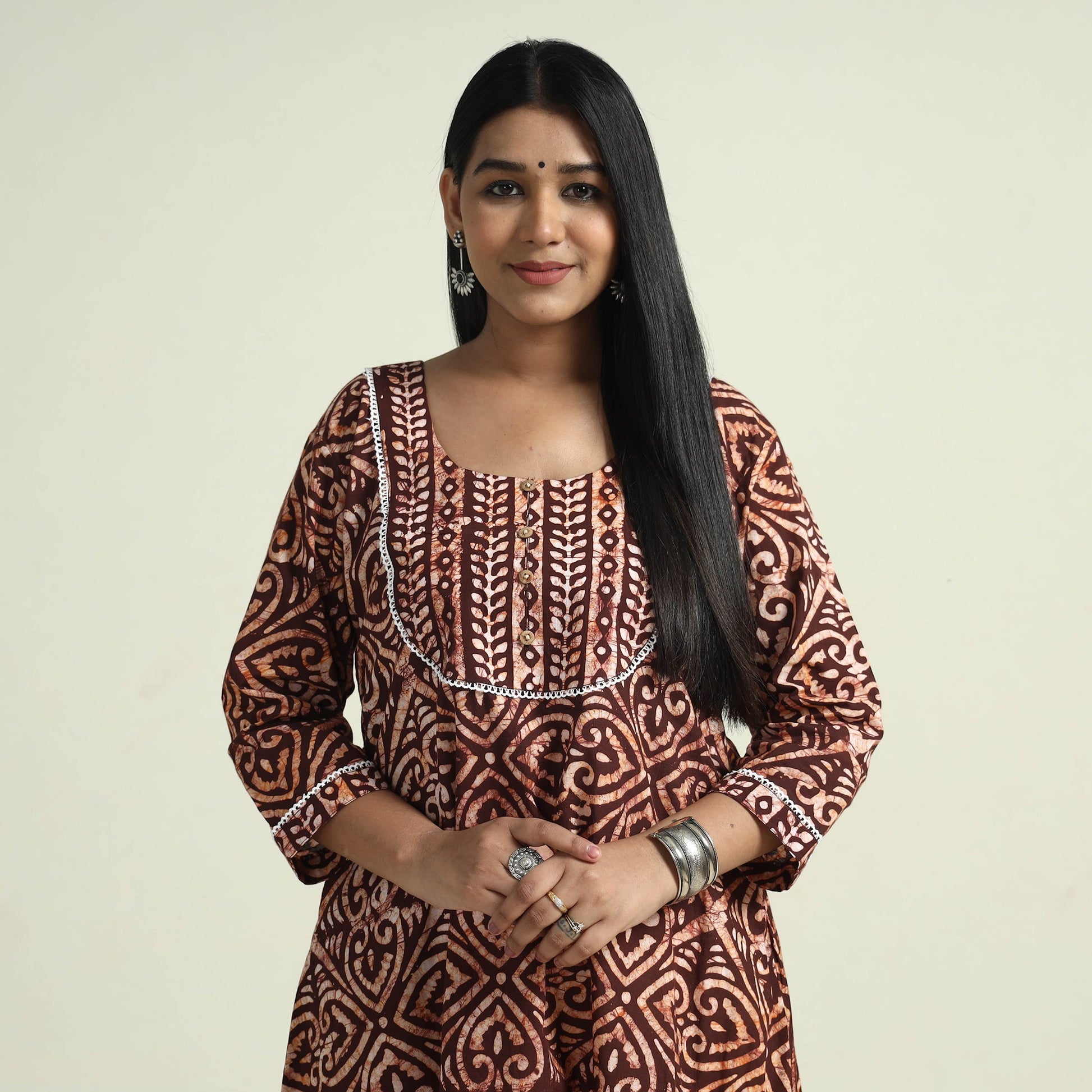 Brown - Hand Batik Printed Cotton Kurta with Palazzo Set