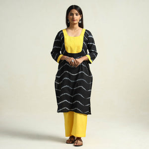 Black - Shibori Tye-Dye Mul Cotton Kurta with Palazzo & Dupatta Set