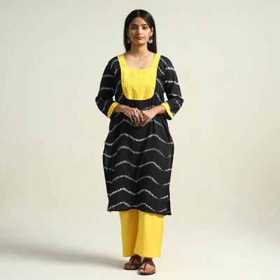 Black - Shibori Tye-Dye Mul Cotton Kurta with Palazzo & Dupatta Set