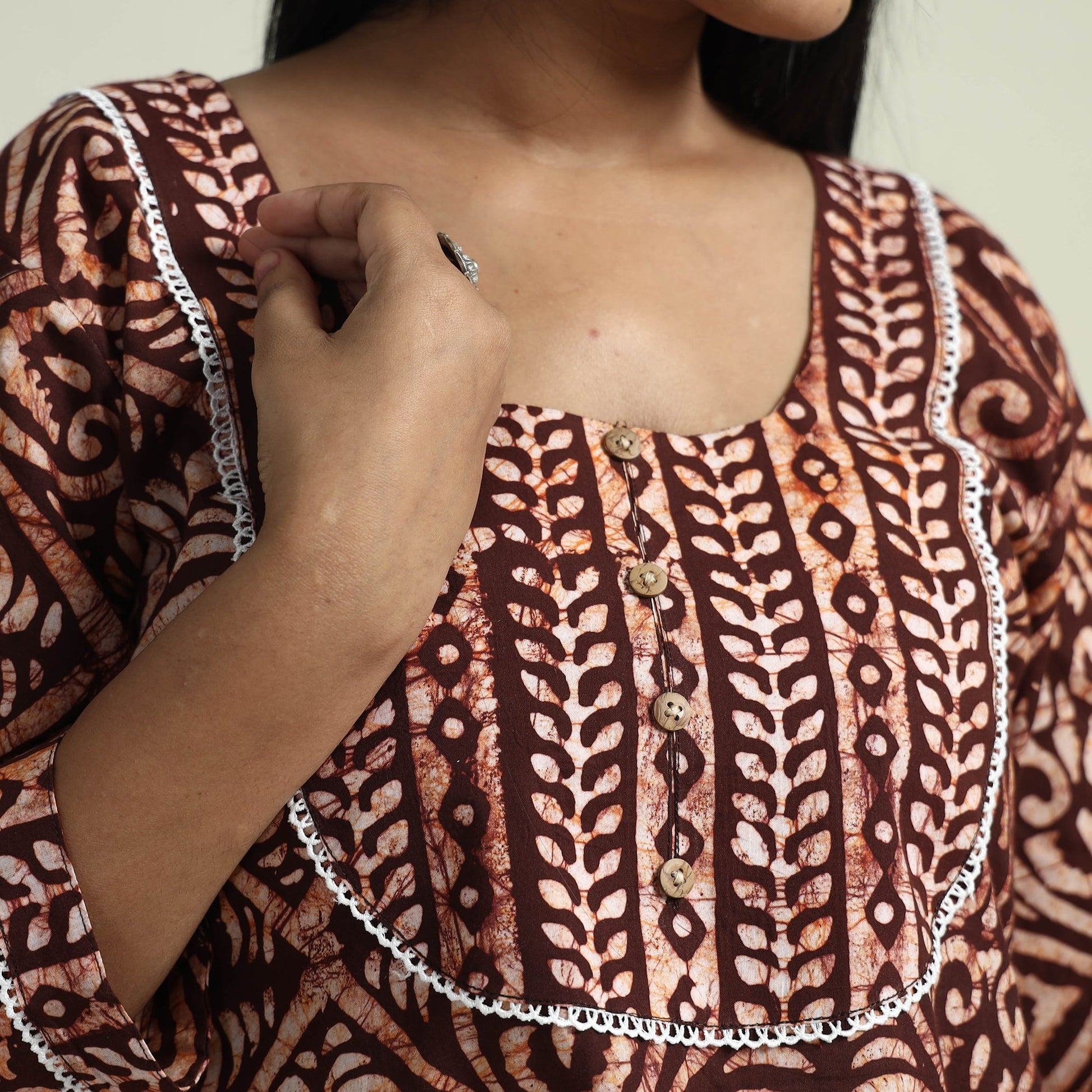 Brown - Hand Batik Printed Cotton Kurta with Palazzo Set