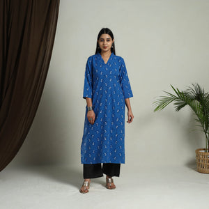Blue - Block Print Handwoven Cotton Straight Mangalagiri Kurta 12