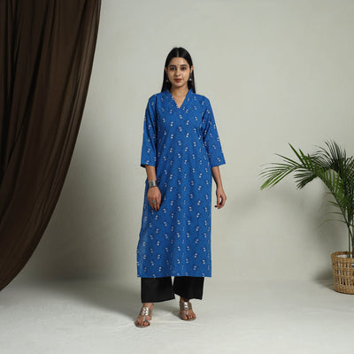 Blue - Block Print Handwoven Cotton Straight Mangalagiri Kurta 12