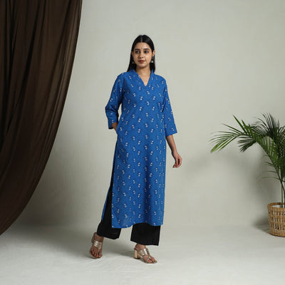 Blue - Block Print Handwoven Cotton Straight Mangalagiri Kurta 12