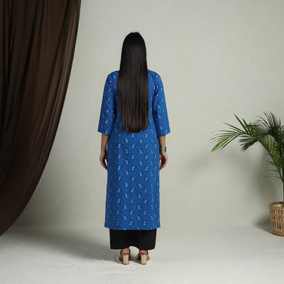 Blue - Block Print Handwoven Cotton Straight Mangalagiri Kurta 12
