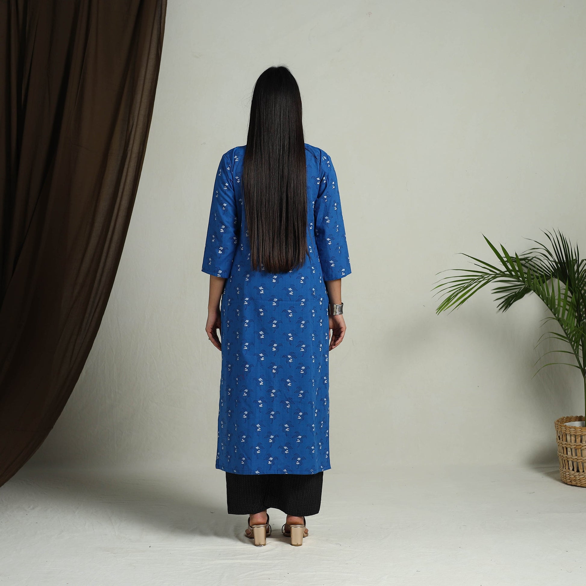 Blue - Block Print Handwoven Cotton Straight Mangalagiri Kurta 12