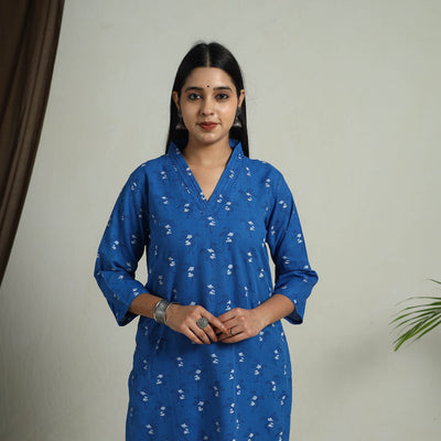 Blue - Block Print Handwoven Cotton Straight Mangalagiri Kurta 12
