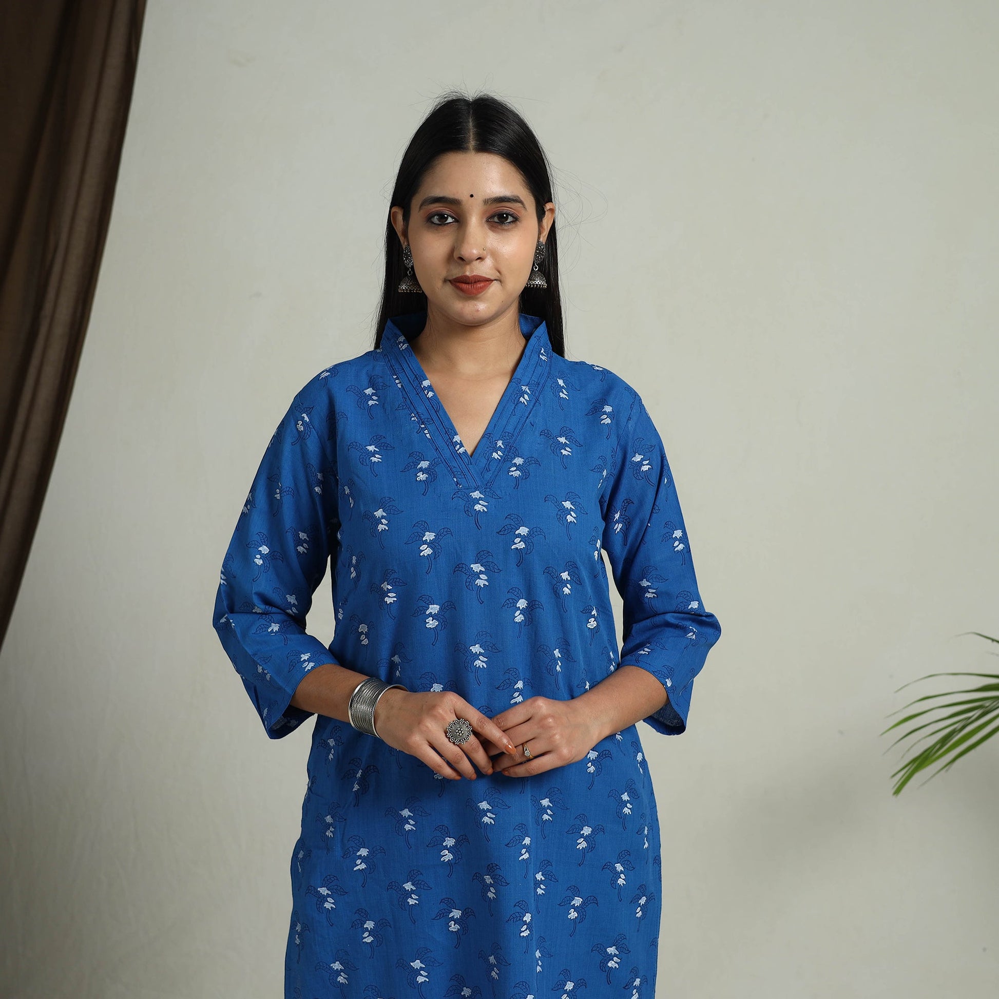 Blue - Block Print Handwoven Cotton Straight Mangalagiri Kurta 12
