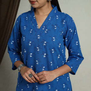 Blue - Block Print Handwoven Cotton Straight Mangalagiri Kurta 12