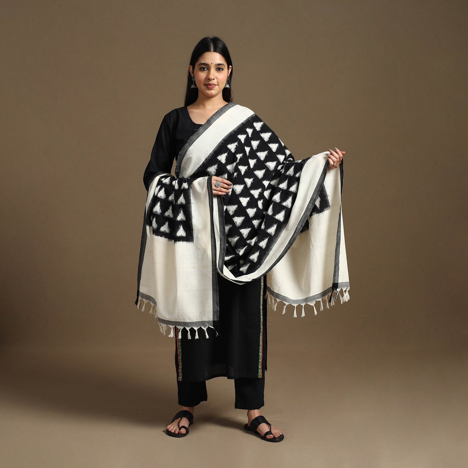 Black - Handloom Cotton Pochampally Ikat Dupatta 17