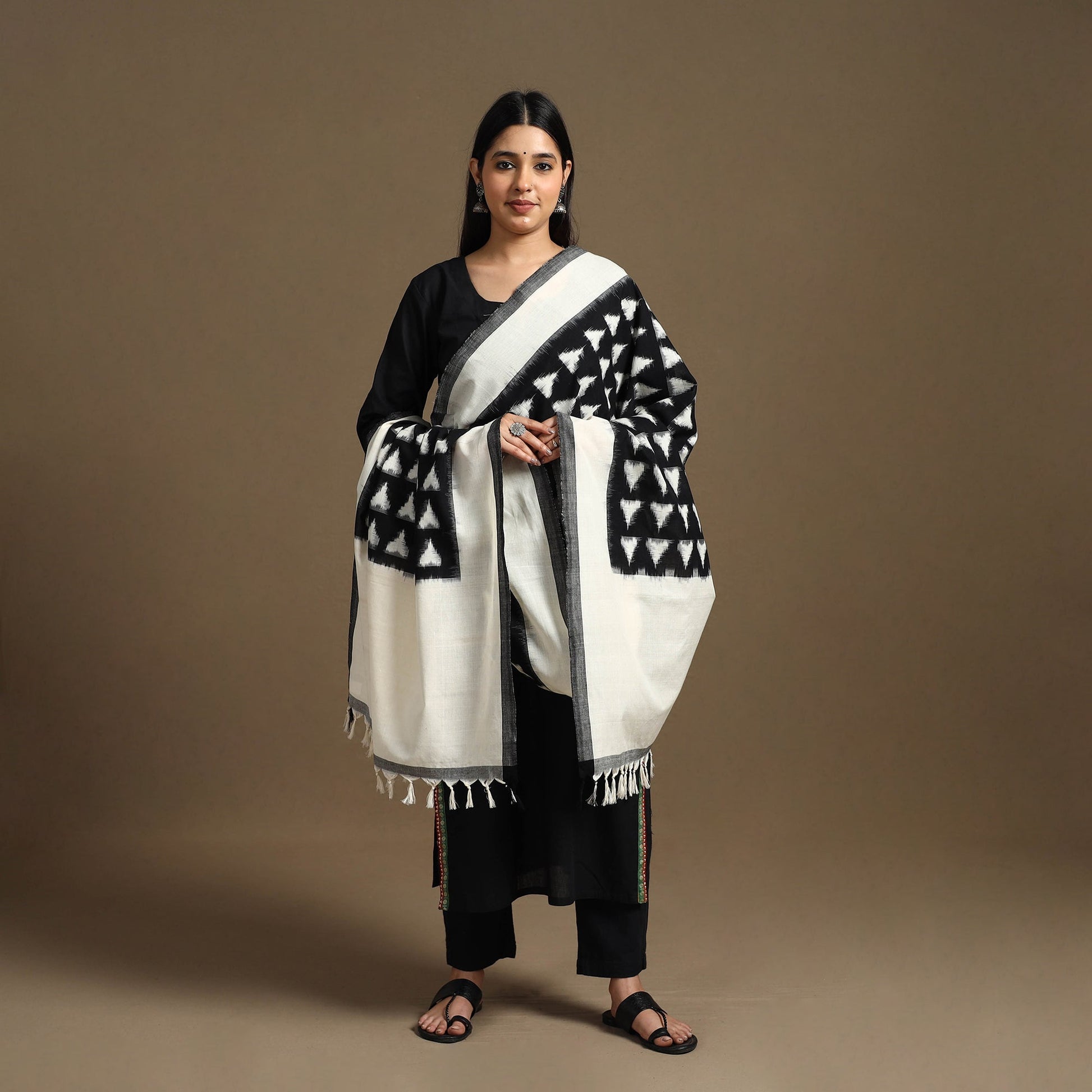 Black - Handloom Cotton Pochampally Ikat Dupatta 17