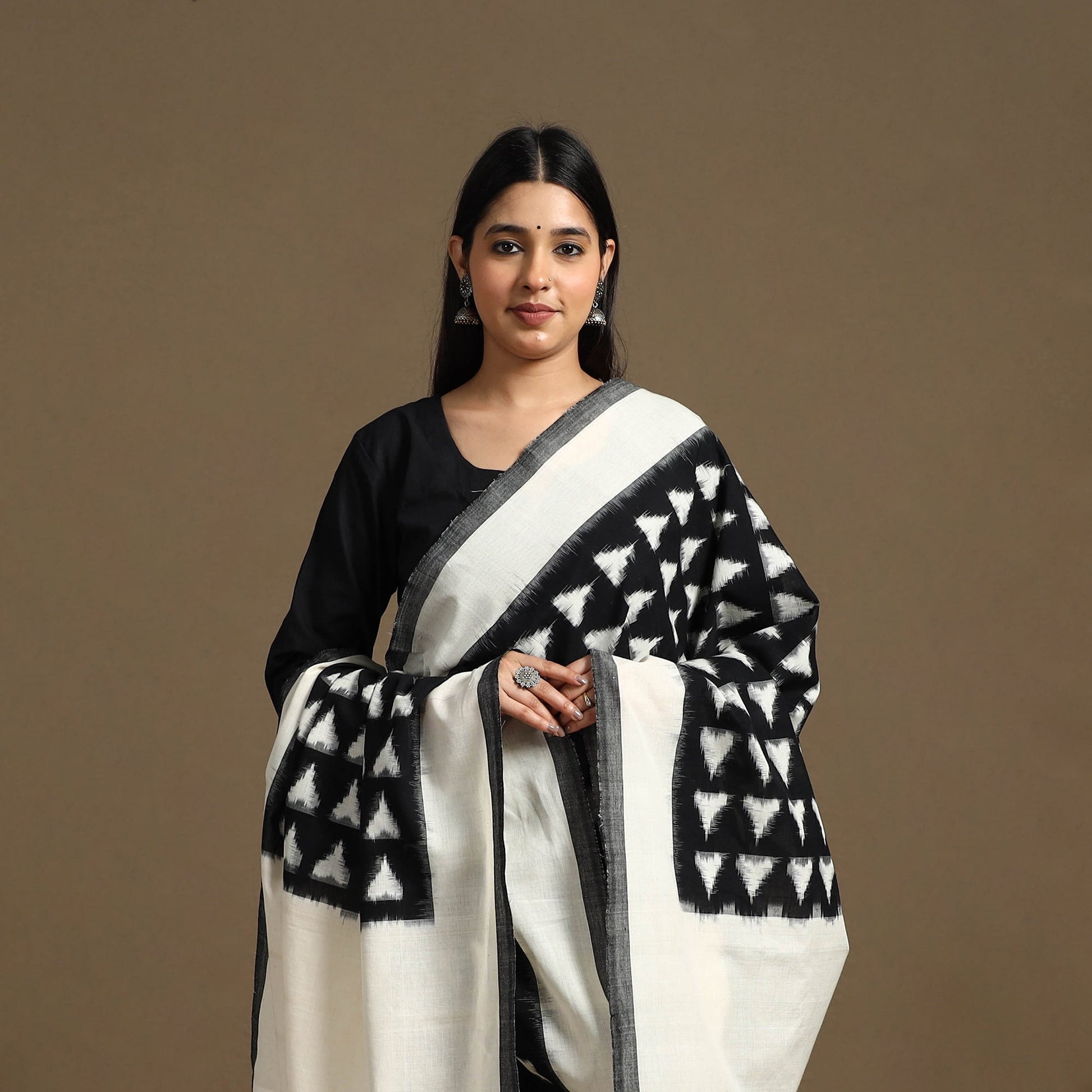Black - Handloom Cotton Pochampally Ikat Dupatta 17