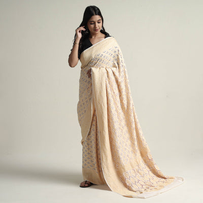 Beige - Kutch Bandhani Tie-Dye Pure Georgette Banarasi Neem Zari Jaal Saree
