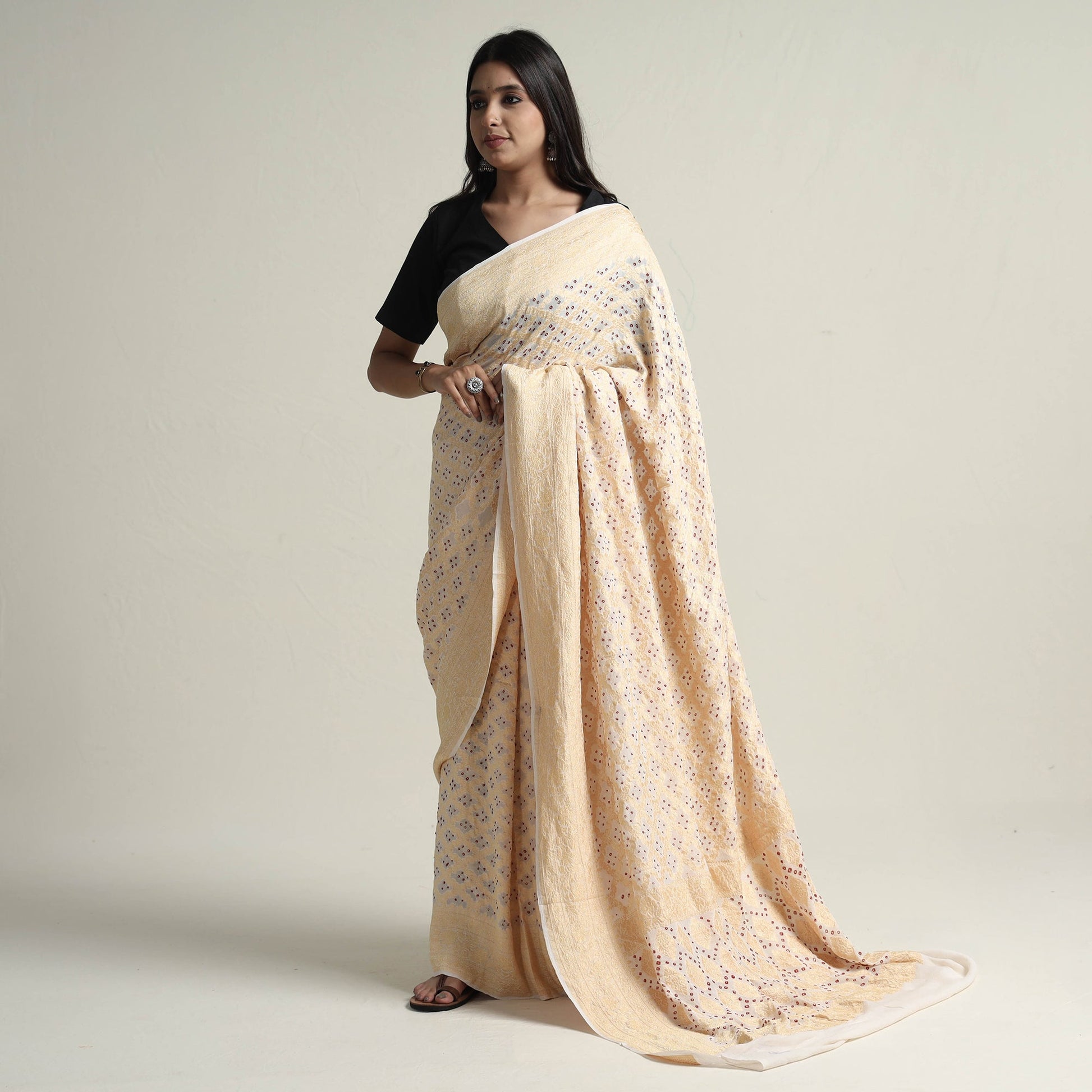 Beige - Kutch Bandhani Tie-Dye Pure Georgette Banarasi Neem Zari Jaal Saree