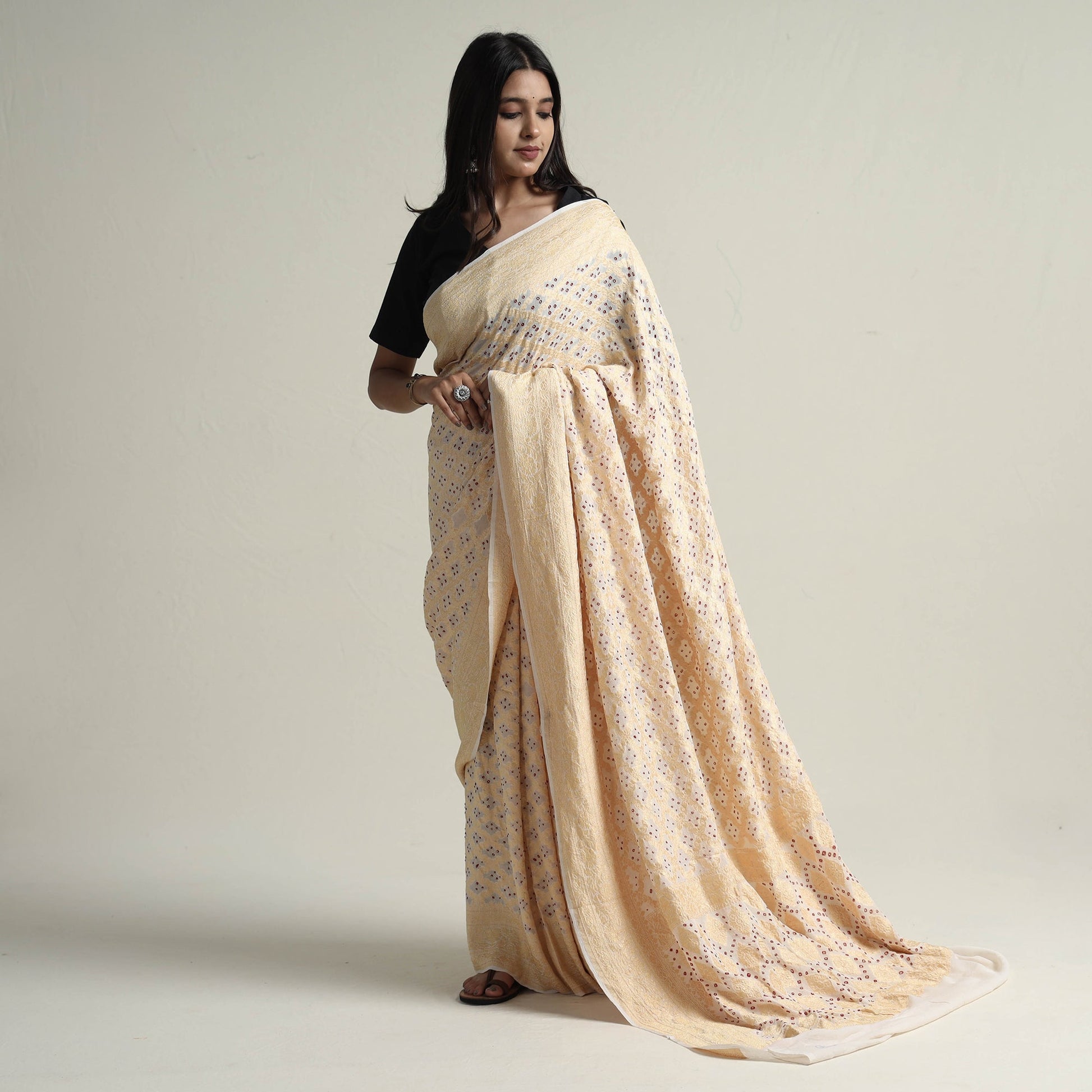 Beige - Kutch Bandhani Tie-Dye Pure Georgette Banarasi Neem Zari Jaal Saree