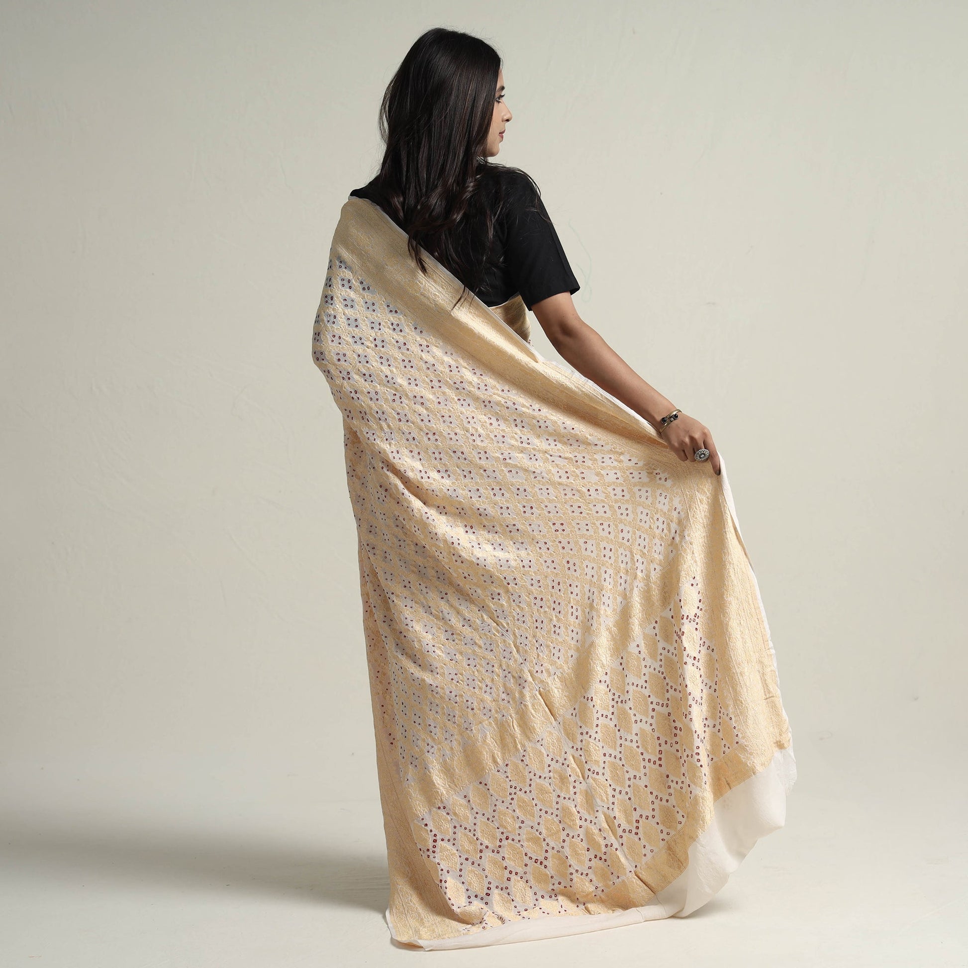 Beige - Kutch Bandhani Tie-Dye Pure Georgette Banarasi Neem Zari Jaal Saree