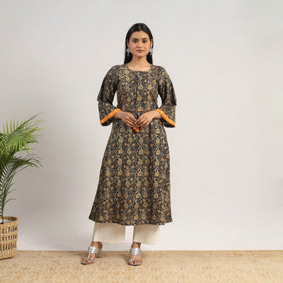 Black - Natural Dyed Block Print Cotton Kalamkari Kurta 06