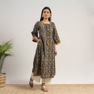 Black - Natural Dyed Block Print Cotton Kalamkari Kurta 06