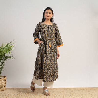Black - Natural Dyed Block Print Cotton Kalamkari Kurta 06
