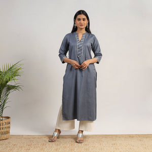 Ananya Grey Linen Cotton Plain Kurta with Gota Work