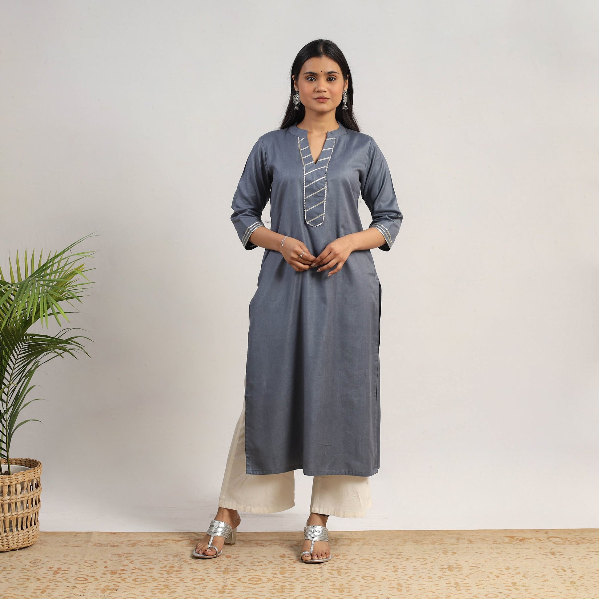 Ananya Grey Linen Cotton Plain Kurta with Gota Work