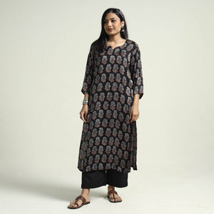 Black - Ajrakh Block Printed Modal Silk Kurta with Palazzo Set