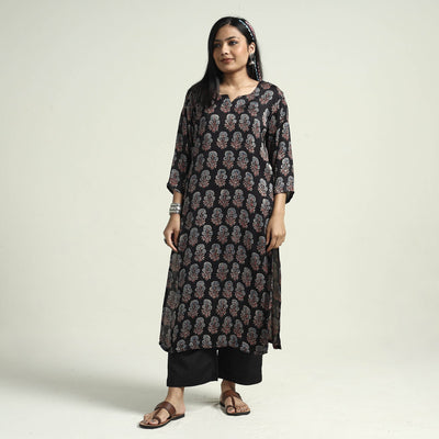 Black - Ajrakh Block Printed Modal Silk Kurta with Palazzo Set