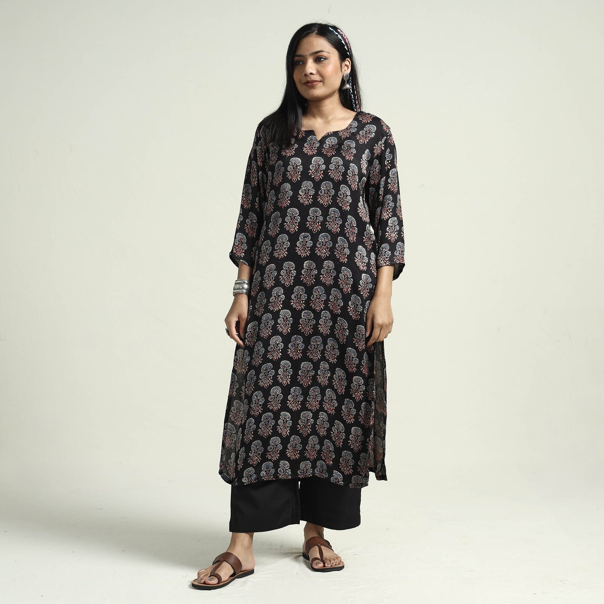 Black - Ajrakh Block Printed Modal Silk Kurta with Palazzo Set