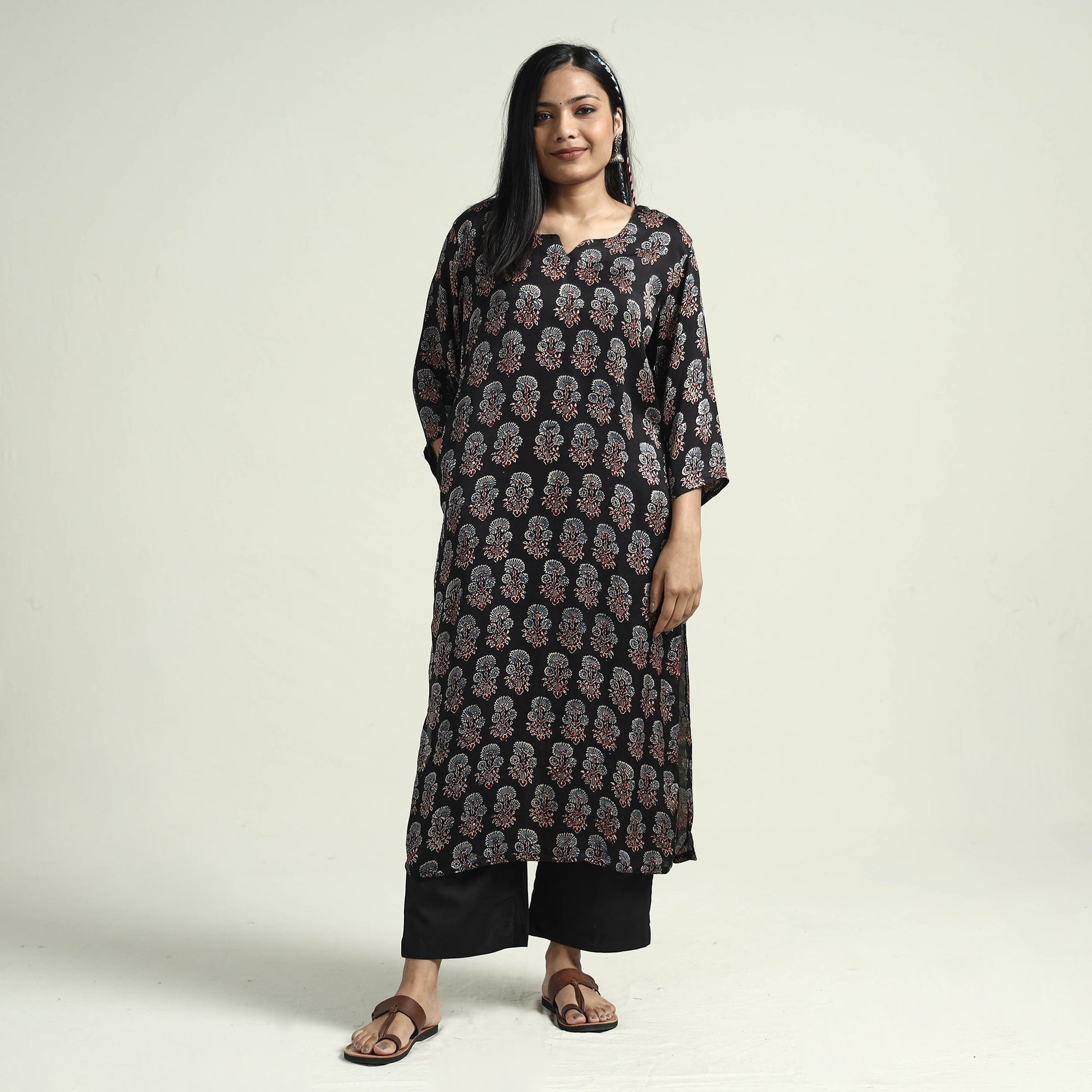 Black - Ajrakh Block Printed Modal Silk Kurta with Palazzo Set