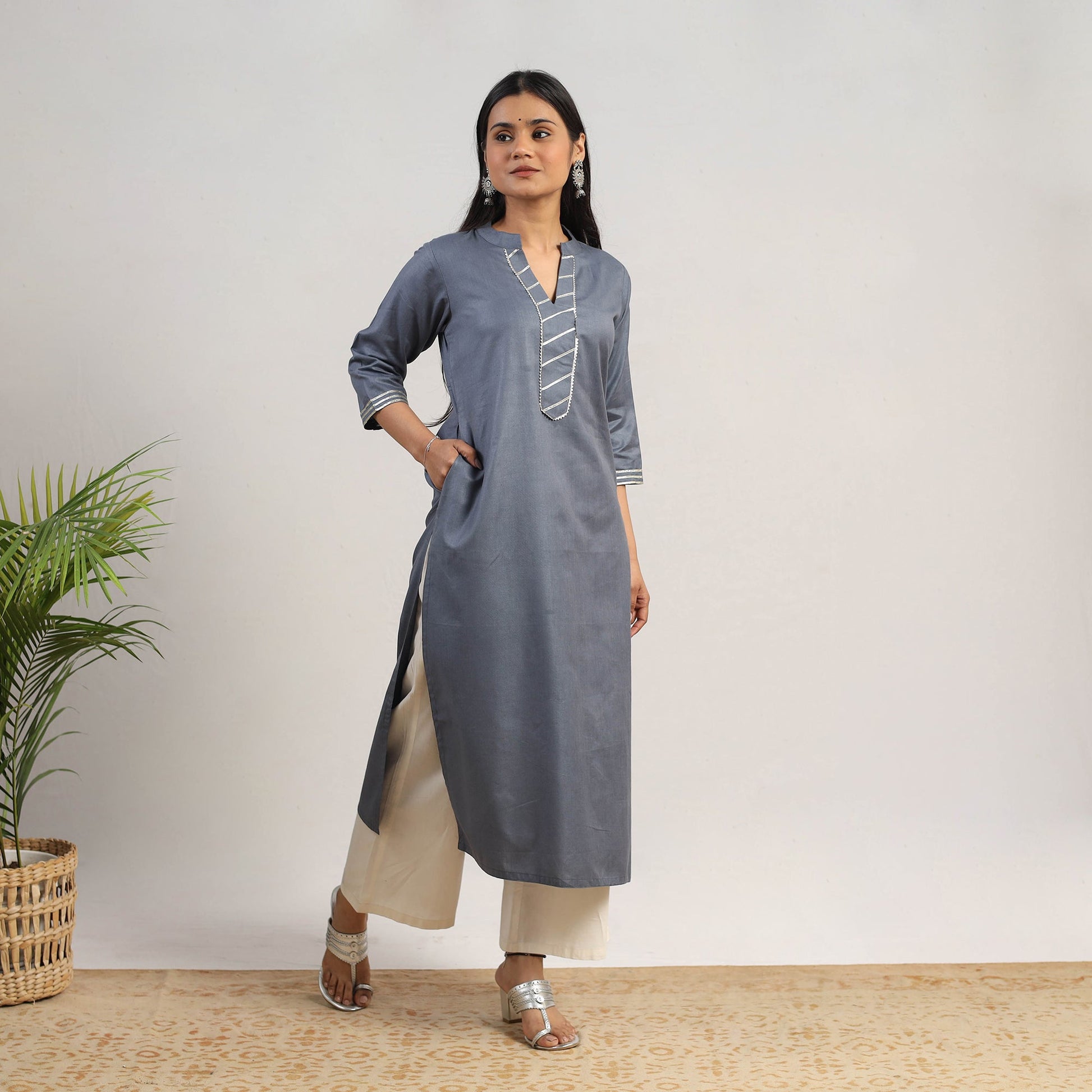 Ananya Grey Linen Cotton Plain Kurta with Gota Work