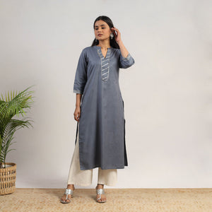 Ananya Grey Linen Cotton Plain Kurta with Gota Work