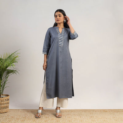 Ananya Grey Linen Cotton Plain Kurta with Gota Work