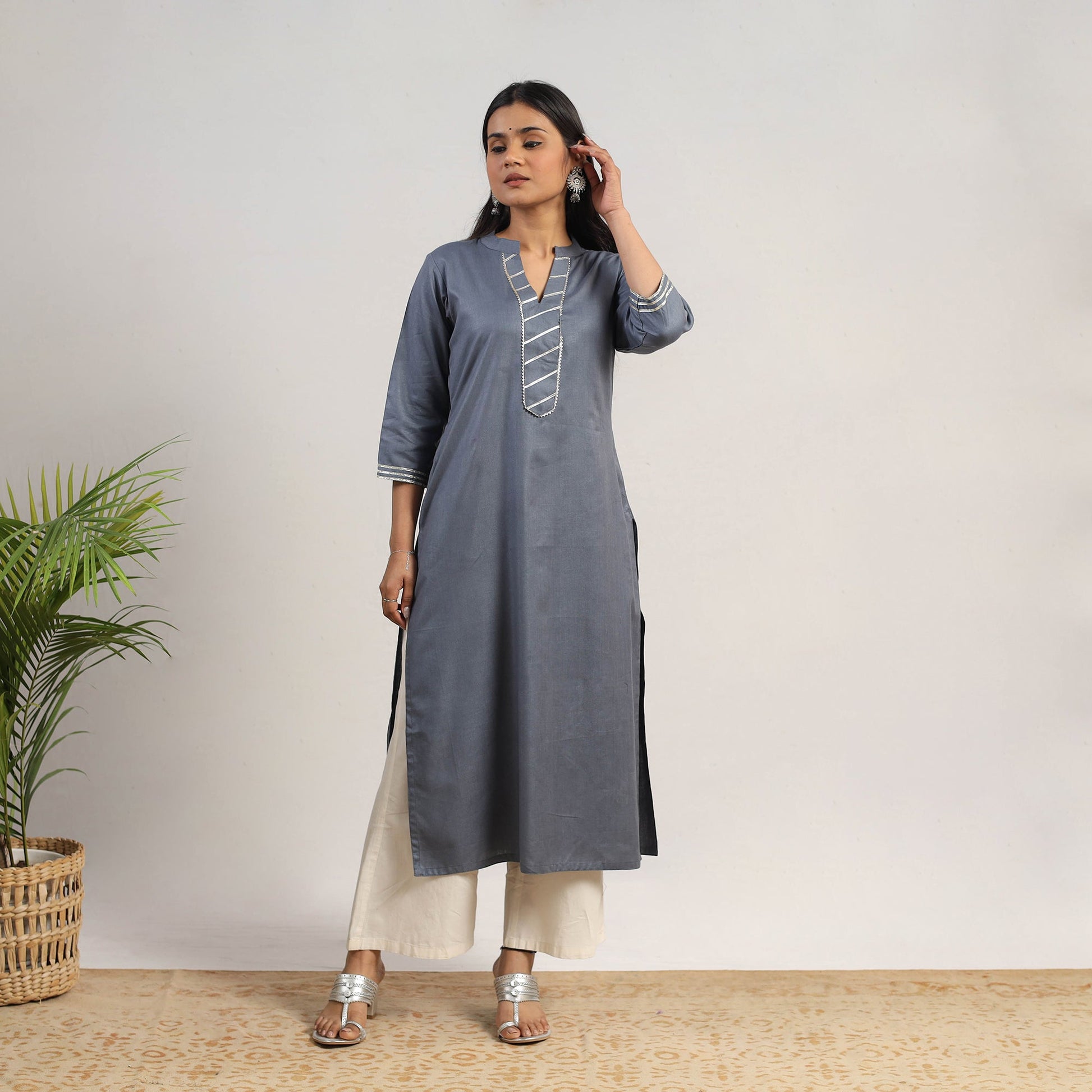 Ananya Grey Linen Cotton Plain Kurta with Gota Work