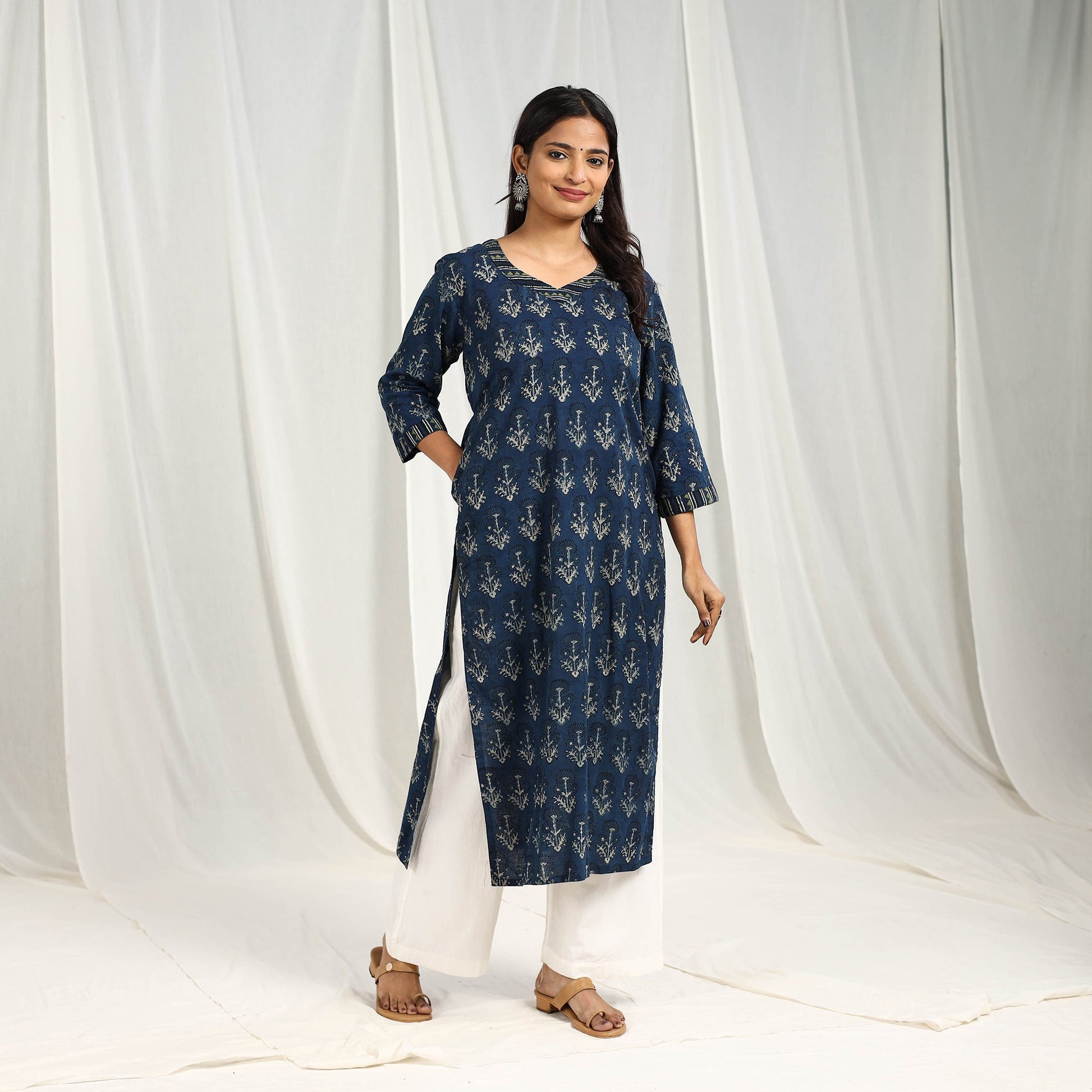 Blue - Block Printed Cotton Straight Ajrakh Kurta 02