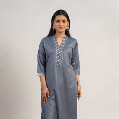 Ananya Grey Linen Cotton Plain Kurta with Gota Work