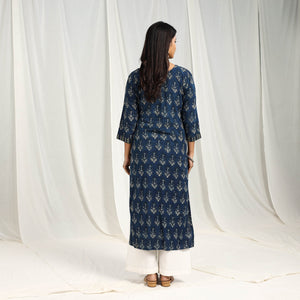 Blue - Block Printed Cotton Straight Ajrakh Kurta 02