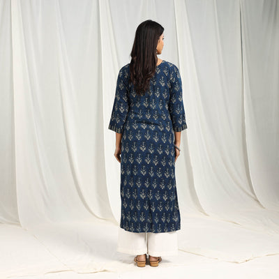Blue - Block Printed Cotton Straight Ajrakh Kurta 02
