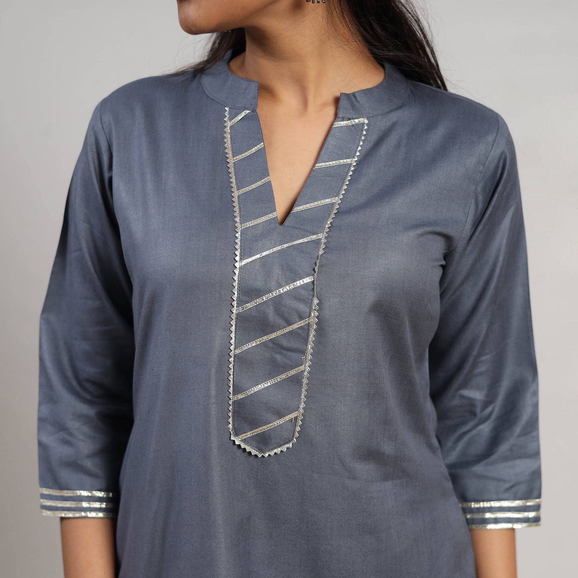 Ananya Grey Linen Cotton Plain Kurta with Gota Work