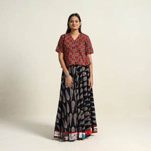 Black - Hand Block Printed Cotton Long Ajrakh Skirt 17