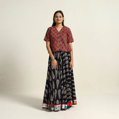Black - Hand Block Printed Cotton Long Ajrakh Skirt 17