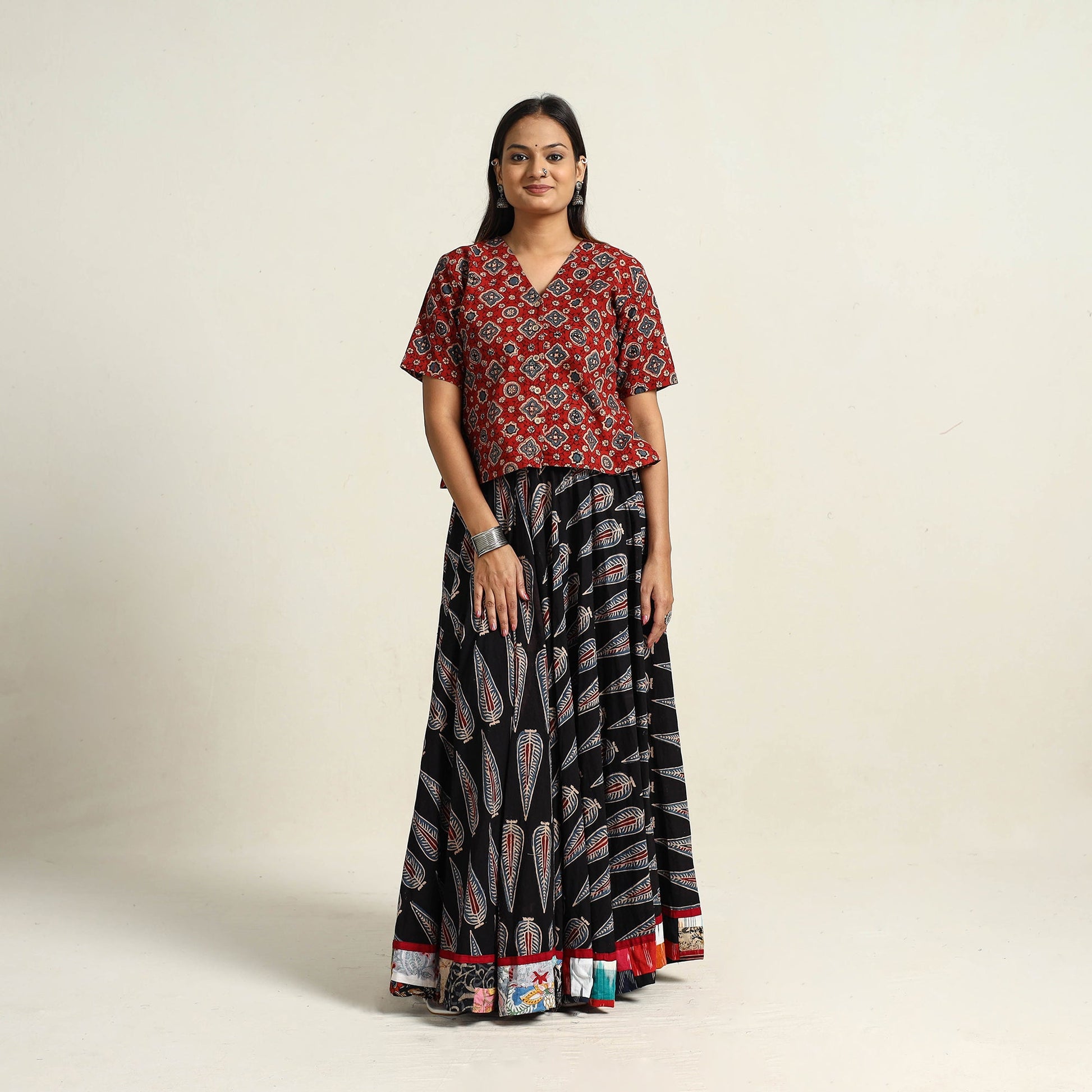 Black - Hand Block Printed Cotton Long Ajrakh Skirt 17