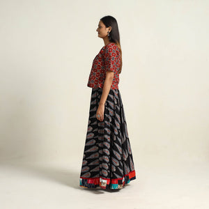 Black - Hand Block Printed Cotton Long Ajrakh Skirt 17