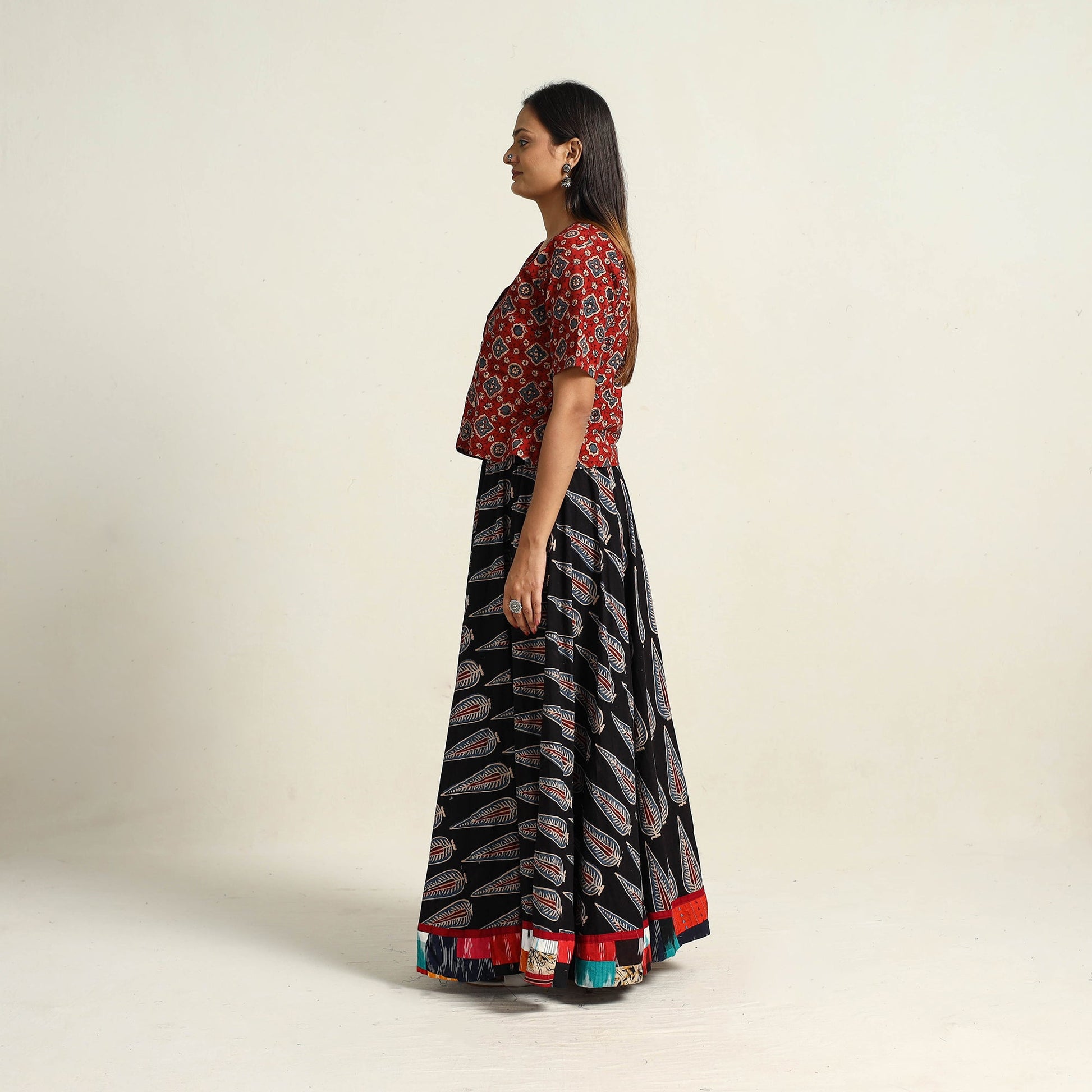 Black - Hand Block Printed Cotton Long Ajrakh Skirt 17