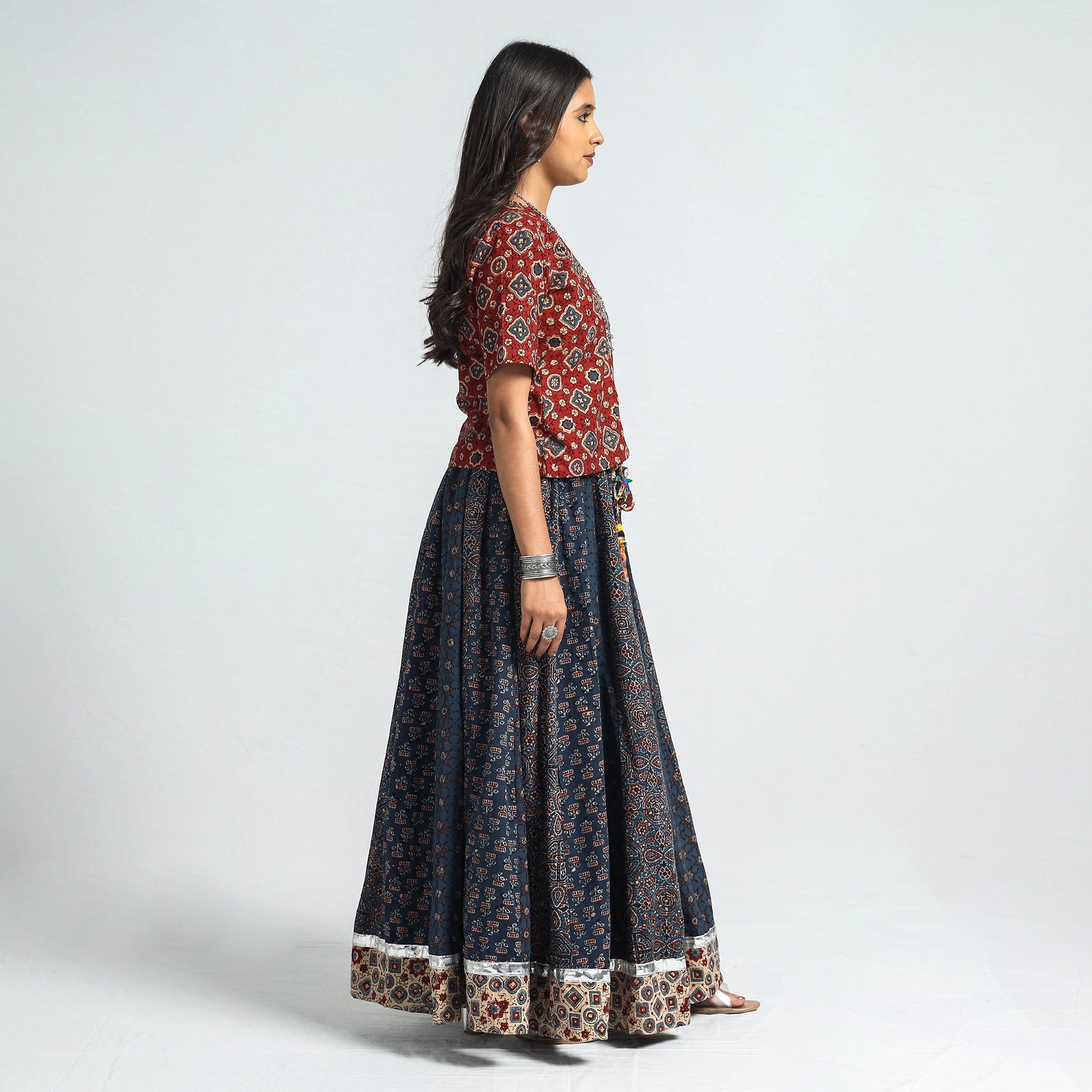 Blue - Ajrakh Block Printed 24 Kali Patchwork Cotton Long Skirt