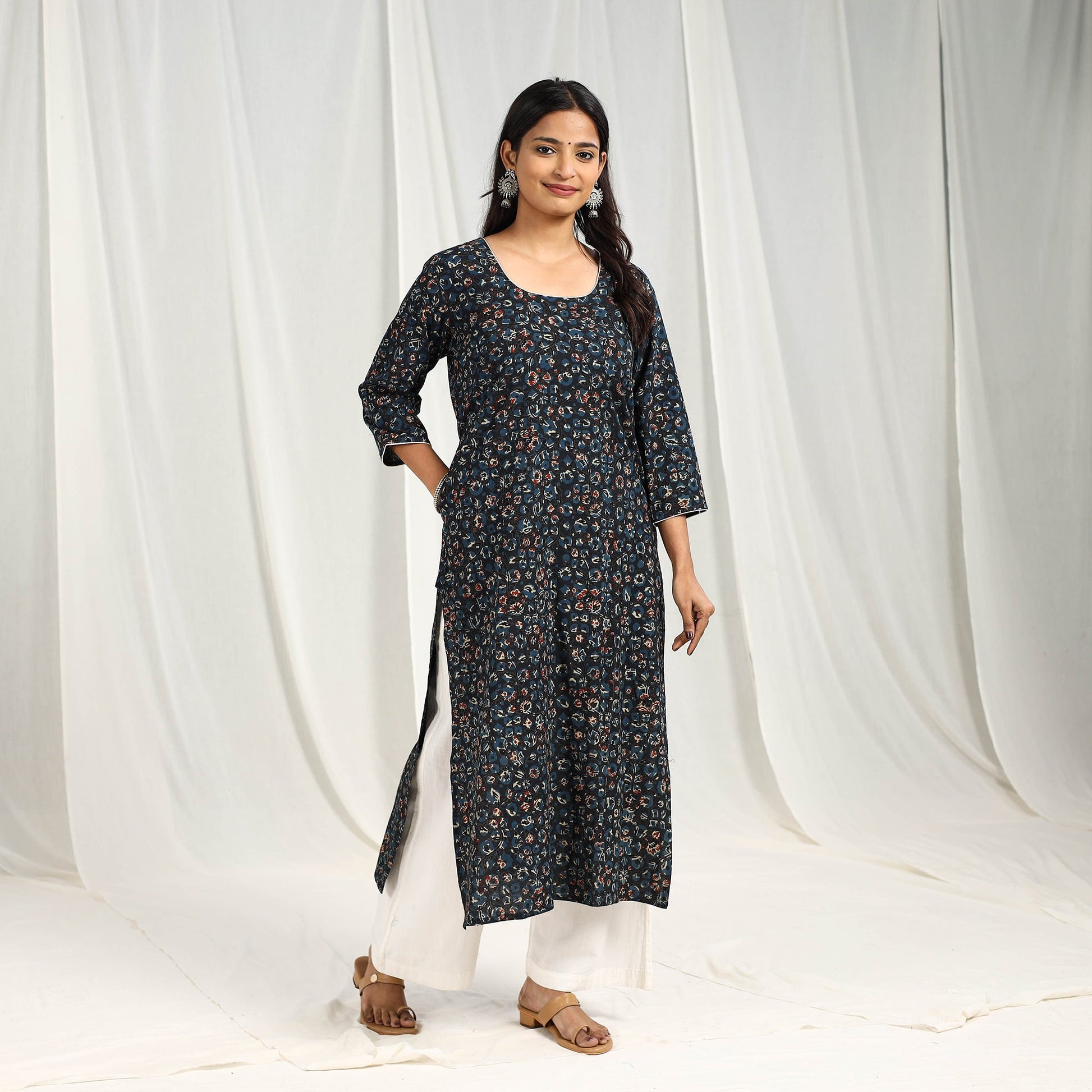 Blue - Block Printed Cotton Straight Ajrakh Kurta 11
